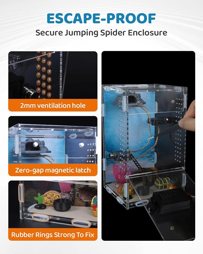 DIY Jumping Spider Enclosure,4.7"x4.7"x7.9" Escape-Proof Spider Terrarium,Small Invertebrate Acrylic Accessories Set,with Temperature and Humidity Detector,Platform,Hide,Tweezer,Feeding Bowl