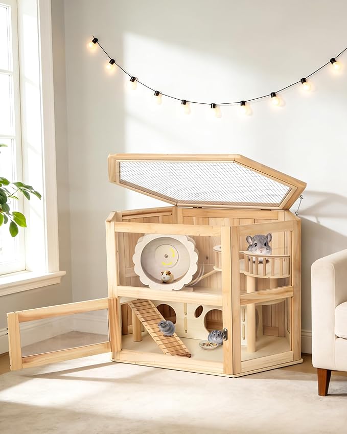 5 in 1 Wooden Hamster Cage|3 Tier Small Animal Cage with Silent Exercise Running Wheel|Large Syrian Hamster House with Openable Top&Acrylic Sheets|Chinchilla Guinea Pig Cages