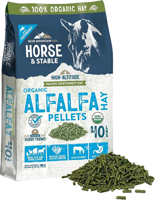Blue Mountain Hay High Altitude Organic Alfalfa Hay Pellets (40 lb), Ultra Premium Nutrient Dense Forage, Small Quick Soaking Low Dust Pellets, Easy to Measure, Automatic Feeder Friendly