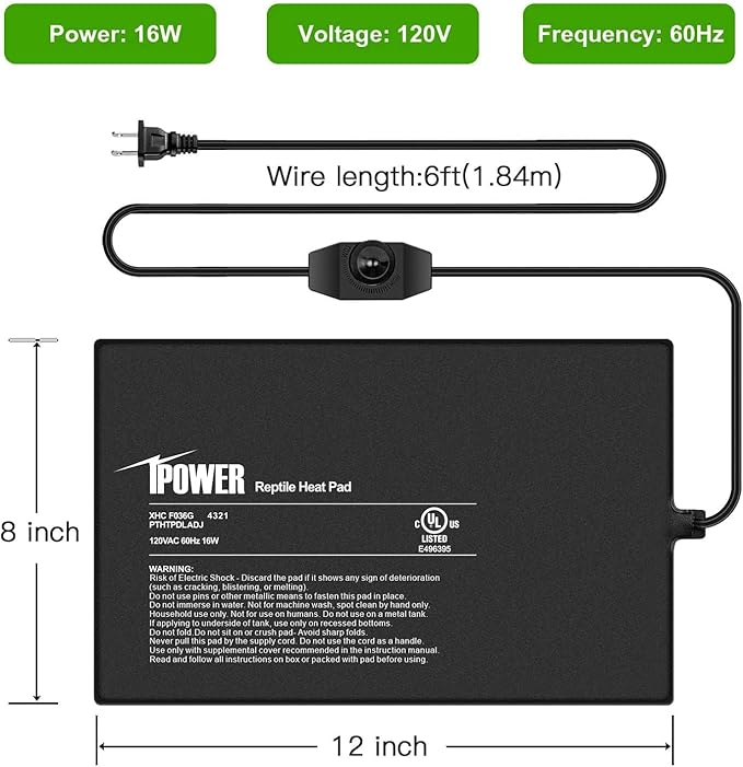 iPower 8x12 Inch Reptile Heating Pad with Adjustable Controller Knob, Under Tank Heater Mat for Turtles, Lizards, Snakes, Amphibians & Small Pets, 2 Pack