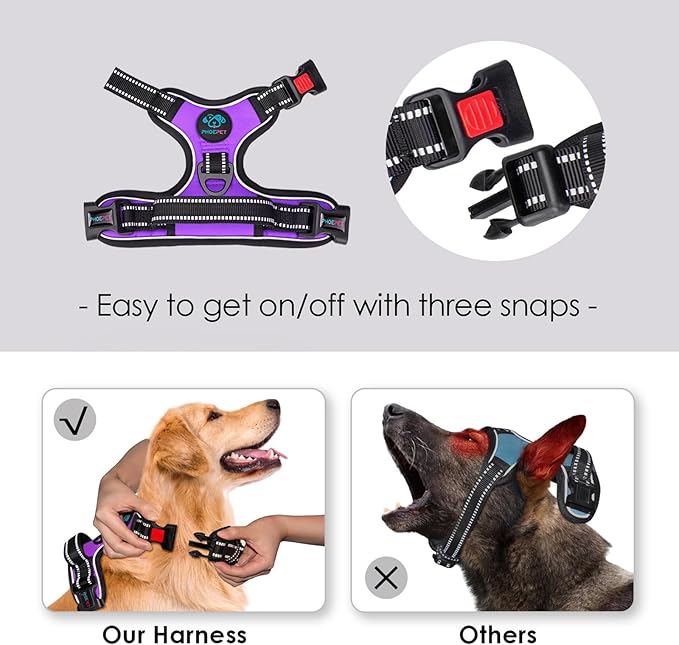 PHOEPET Reflective Dog Harness Large Breed Adjustable No Pull Vest with Handle 2 Metal Rings 3 Buckles [Easy to Put on & Take Off](XL, Purple)
