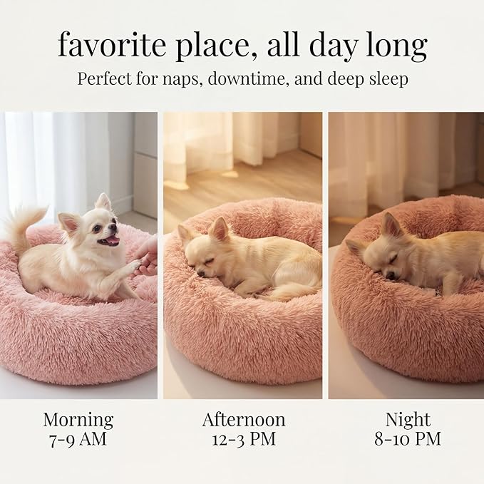 Calming Donut Dogs Beds for Small Dogs Washable,19inch Fluffy Round Puppy Bed for Puppies,Cats & Toy Breeds with Raised Rim,Fits up to 15 lbs Pets,Pink