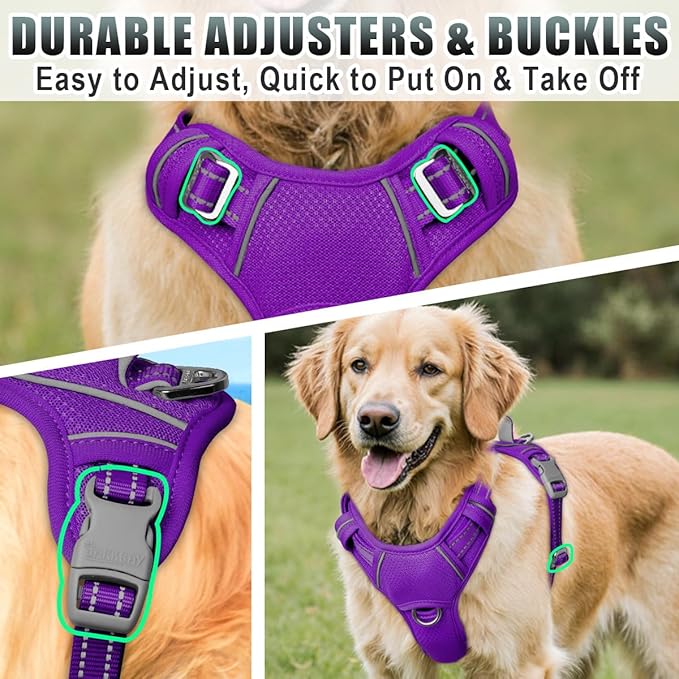BARKBAY No Pull Dog Harness Large Reflective Dog Harness with Front Clip and Easy Control Handle for Walking Training Running with ID tag Pocket(Purple,XL)