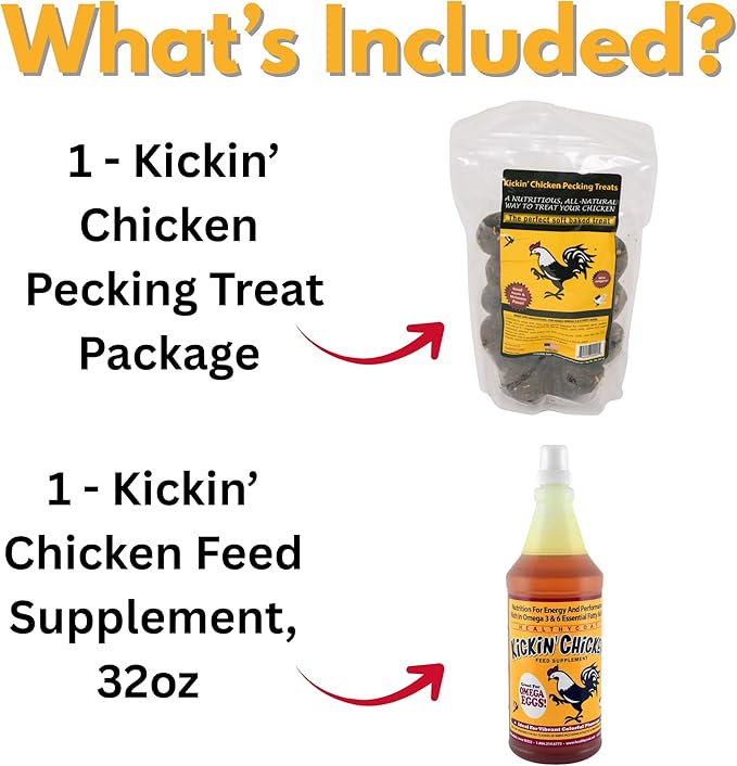 Healthy Coat Kickin Chicken Treat & Supplement Bundle – 2 lb Soft-Baked Apple-Molasses Pecking Treat + Quart (32 oz) Omega-Rich Feed Supplement – All-Natural Chicken Nutrition Pack