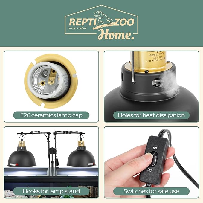 2 Pack Reptile Light Fixture, 8.5in Deep Dome Reptile Heat Lamp Fixture with Switch, Dual Terrarium UVB Basking Light Fixture for Chameleons Chicks, Suitable for E26 Bulbs Up to 150W