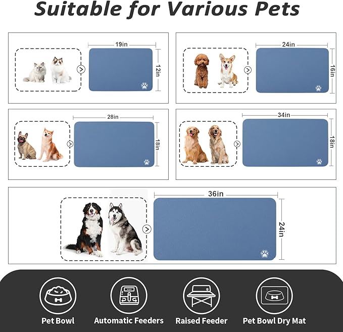 HotLive Dog Food Mat - Absorbent Cat Mat for Food and Water, No Stains Pet Feeding Bowl Mat, Easy to Clean Pet Placemats, Quick Dry Dog Water Dispenser Mat for Messy Drinkers | Paw Blue 18"x34"