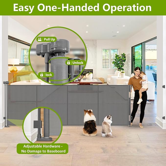 Reinforced 42" Extra Tall Pet Gate 155" Extra Wide Retractable Baby Gate with Support Rods - Prevent Crawling Under, Indoor/Outdoor Mesh Safety Gate Extra Wide Dog Gate Tall Baby Gates for Dogs, Gray
