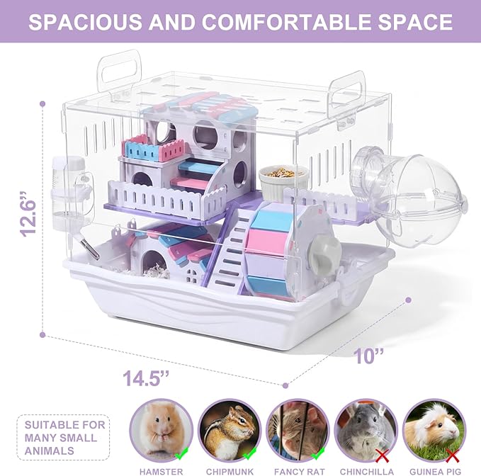 Loungewave Acrylic Hamster Cage, 2-Tier Gerbil Cage with Wooden Wheel, Small Dwarf Hamster Cage Habitat, Garden Mouse Cage for Pet Mice, Clear View Inside Easy to Clean, Pink-Blue