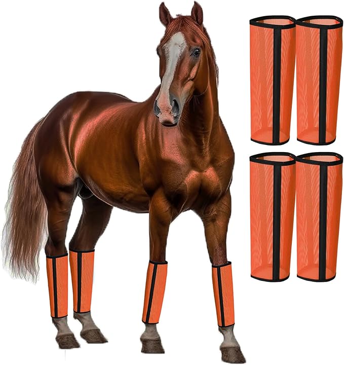 Fly Boots for Horses Set of 4 Breathable Textilene Mesh Horse Fly Boots with Stable Support & UV Protection, Comfortable Equine Boots, Reduces Stomping, Leg Fatigue & Hoof Damage.(Orange)