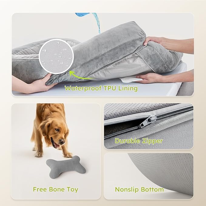 CWAWZ XXL Dog Bed for Extra Large Dogs, Giant Orthopedic Dog Bed with Cooling Gel Memory Foam, Waterproof Pet Bed with Removable Washable Cover, 53" Pet Sofa bed Dutch Velvet with Bone Toy, Light Gray