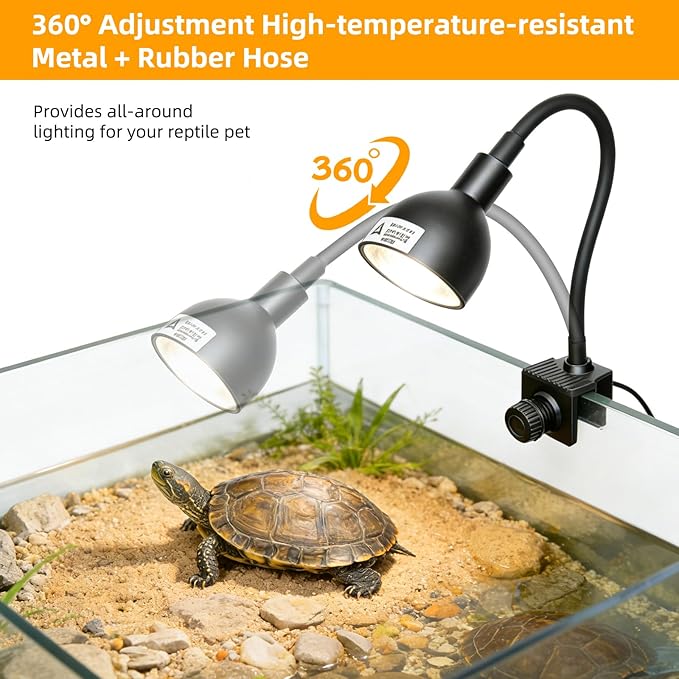 COOSPIDER 50W Reptile Heat Lamp with Clamp & Timer, Small Turtle Basking Light Fixture 360° Rotatable Hose with 2 Spare G9 Base Bulbs for Plants Small Reptiles Bearded Dragon Lizard Snake