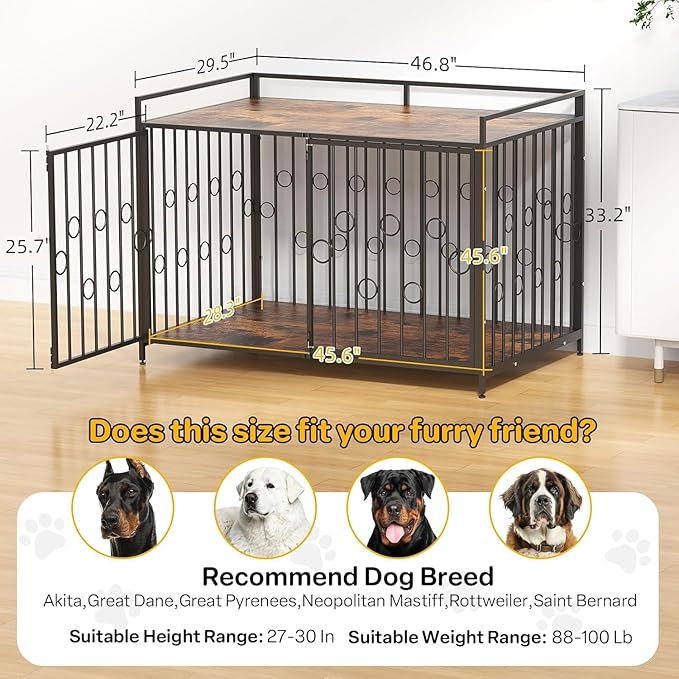 48 Inch XL Dog Crate Furniture for Extra Large Dogs, Heavy Duty Wooden Dog Kennel Table with Storage Shelf, Unique Modern Round Decorative Pet Crate End Table, Sturdy Indoor Dog House