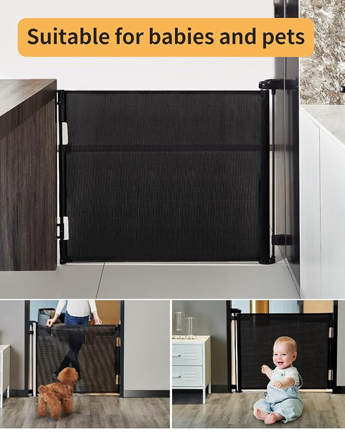 AOURMKOOP Retractable Baby Gate,Mesh Baby Gate or Mesh Dog Gate,33" Tall,Extends up to 55" Wide,Child Safety Gate for Doorways, Stairs, Hallways, Indoor/Outdoor（Black,33"x55"