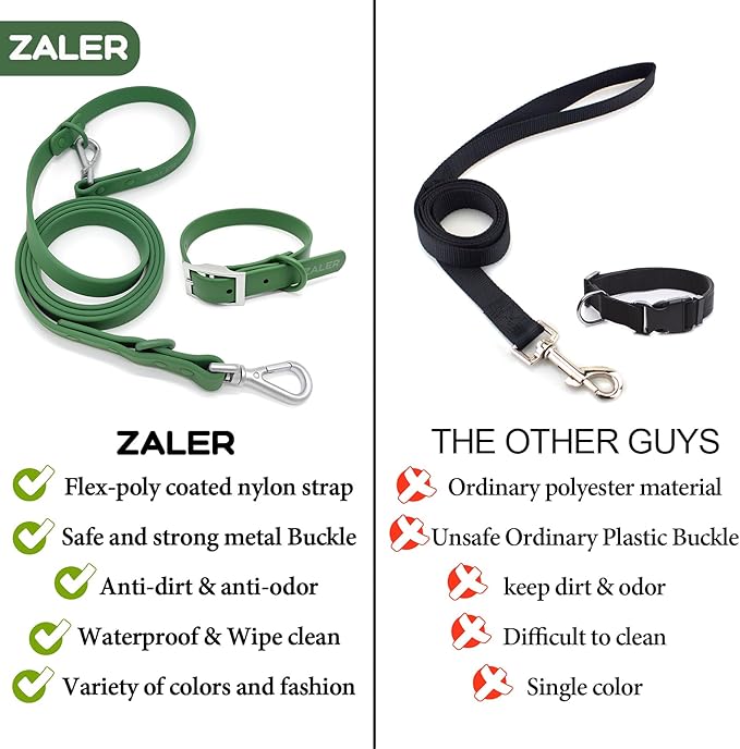 ZALER Dog Collar and Leash Set, Waterproof Adjustable Odor Proof Pet Collars Leashes Easy to Clean, 6FT Dog Leash with 2 Hooks for Large, Medium Small Dogs (XS, Green)