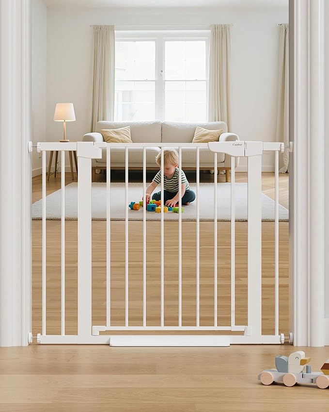 Cumbor 29.7-40.6" Baby Gate for Stairs, Mom's Choice Awards Winner-Dog Gate for Doorways, Pressure Mounted Auto-Close Pet Gates for Dogs Indoor, Safety Child Gate with Easy Walk Thru Door, White