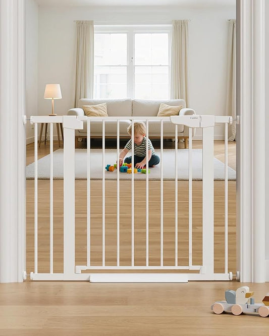 Cumbor 29.7-40.6" Baby Gate for Stairs, Mom's Choice Awards Winner-Dog Gate for Doorways, Pressure Mounted Auto-Close Pet Gates for Dogs Indoor, Safety Child Gate with Easy Walk Thru Door, White