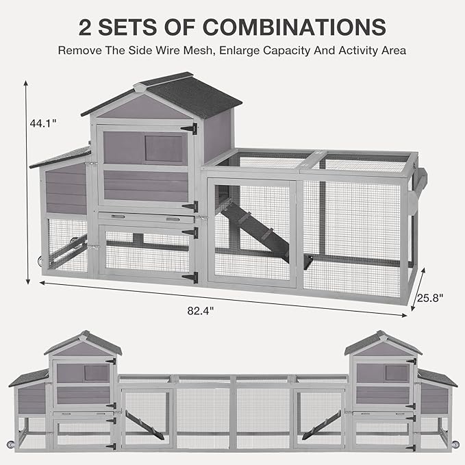 Chicken Coop Mobile Chicken House Outdoor, Expandable Hen House with Wheels, Nesting Box, Leakproof Pull-on Tray and UV-Resistant Roof Panel (Grey)