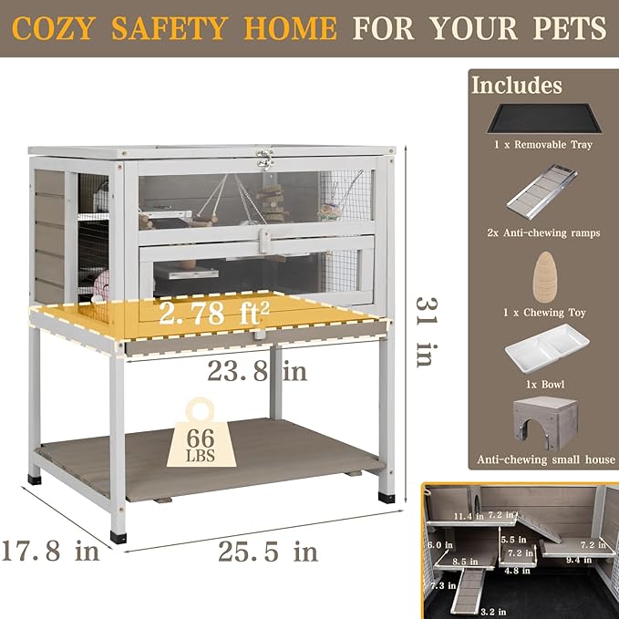 Ketive Wooden Hamster Cage Indoor with Stand and Storage Shelf, 3-Tier Small Animal Habitat with Clear Front Window, Openable Top, Anti-Chew Ramps, Hideout House, Deep Pull-Out Tray Guinea Pig cage