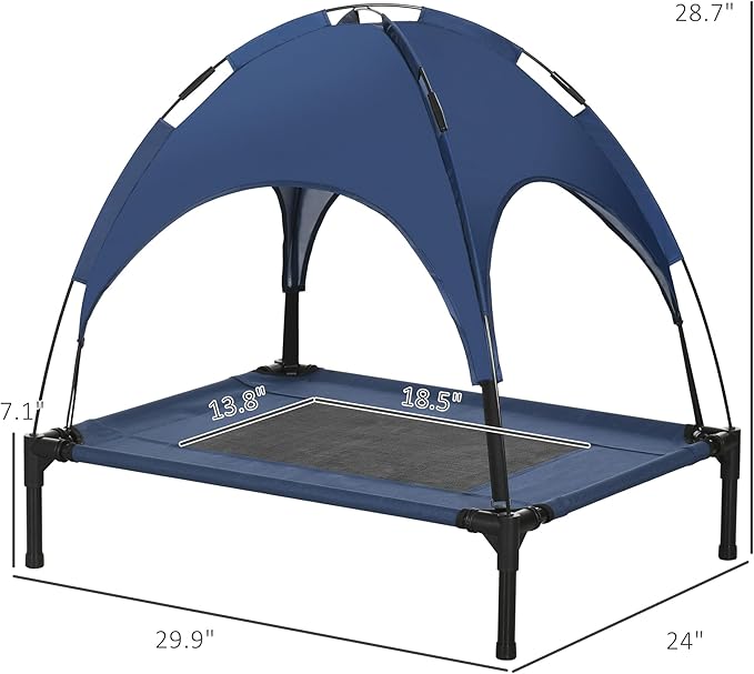 PawHut Elevated Dog Bed with Removable Canopy, Outdoor Dog Cot with UV Protection Canopy Shade, 30 inch Pet Bed for Camping, Dark Blue