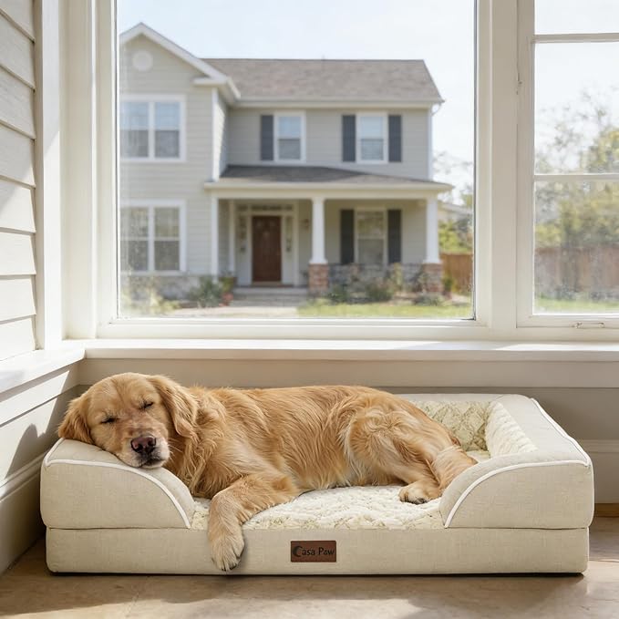 Orthopedic Dog Beds for Extra Large Sized Dogs, Waterproof Memory Foam XL Pet Bed with Sides 42x30Inch, Non-Slip and Egg-Crate Foam Big Dog Couch Bed with Removable Washable Cover, Beige