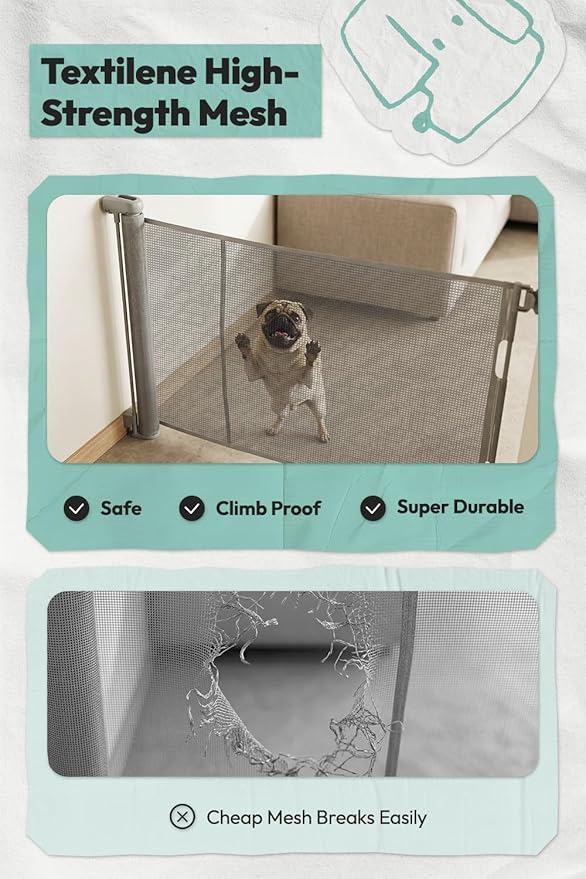 15.7" H Mesh Short Dog Gate, Extends Up to 59" W Retractable Pet Gate with Drill Installation, Small Dog Gate for Stairs, Easy Step Over Low Puppy Gate for Doorways Indoor Outdoor, Grey