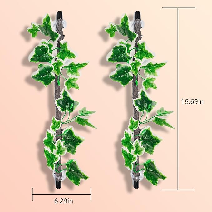 BNOSDM 2PCS Reptile Climbing Branch, Bendable Jungle Vine with Leaves Terrarium Plant Decoration with Suction Cup Chameleon Cage Accessories for Gecko Lizard Bearded Dragons Snake (White Vein Ivy)