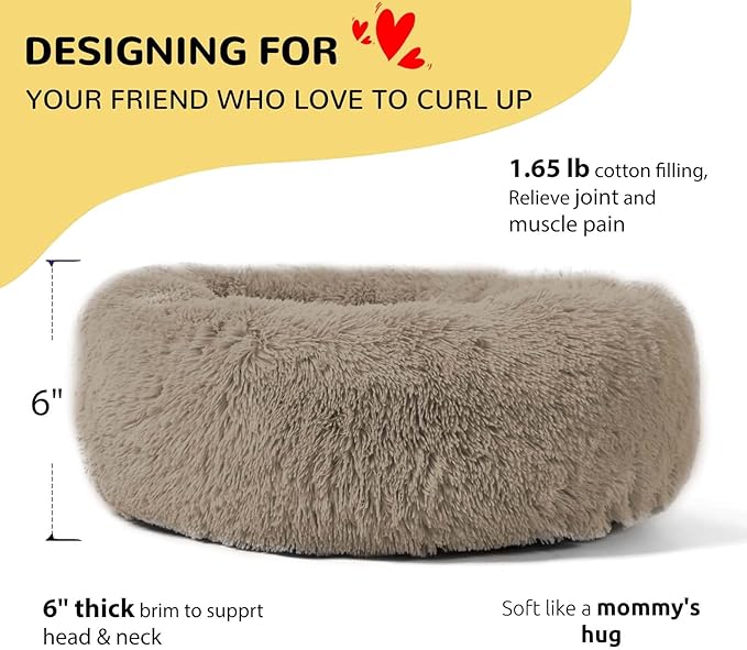 HACHIKITTY Calming Donut Cuddler Dog Bed, Round Fluffy Pet Bed with Sewn-in Cushionfor Large Dogs,Washable, Large, Taupe, 24''