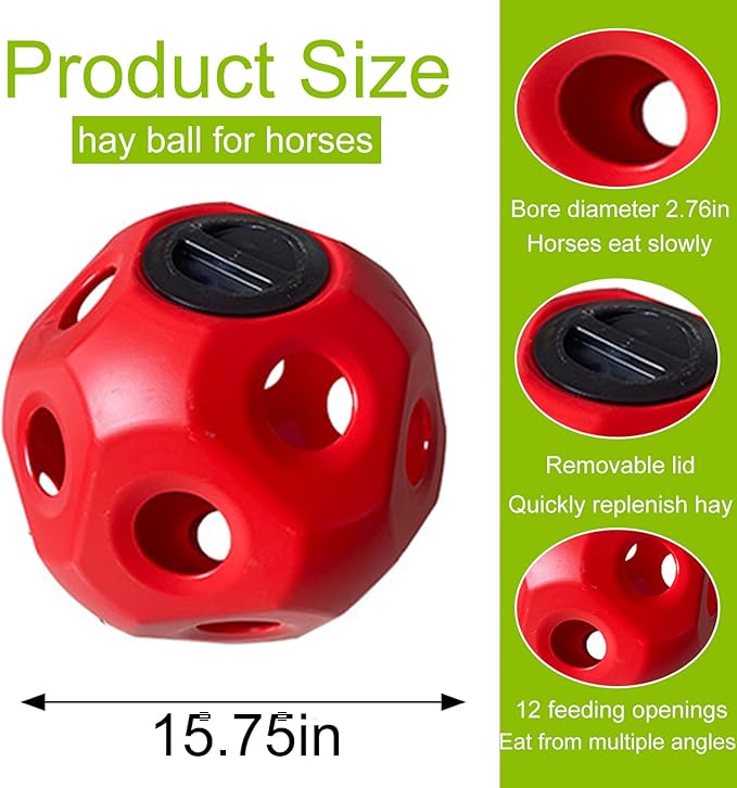 Horse Hay Ball Slow Feeder - 15.75 Inch Large Horse Treat Ball and Jolly Ball for Horses, Durable Hay Feeder for Horses Goats Sheep, Use in Stall Pasture or Hang(Red)