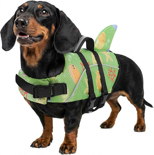 Queenmore Dog Life Vest L, Large Dog Life Vest for Swimming and Boating, Lightweight Dog Shark Life Jacket with Rescue Handle/Leash Hook/Reflective Strips