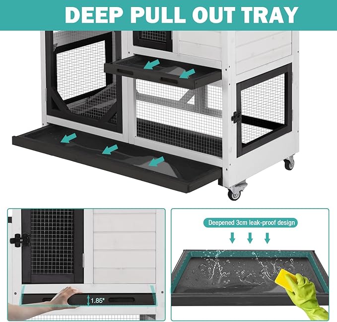 Rabbit Hutch Indoor for 2-4 Rabbits & Guinea Pigs，Bunny Cage with Slide-Out Plastic Trays，Wooden Small Animal Cage for Rabbits, Bunnies, and Guinea Pigs (Black)