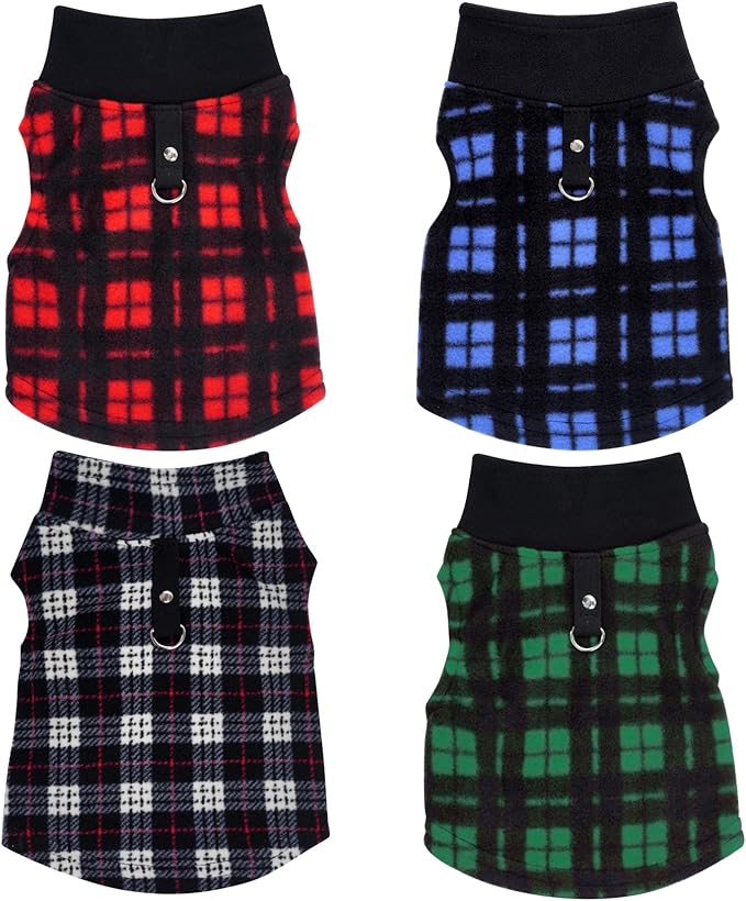 Rbenxia 4 Buffalo Plaid Dog Sweaters with Leash Ring Soft Fleece Vest Pullover Warm Jacket Pet Clothes Winter Outfits for Small Puppy Cat Pets (Large)