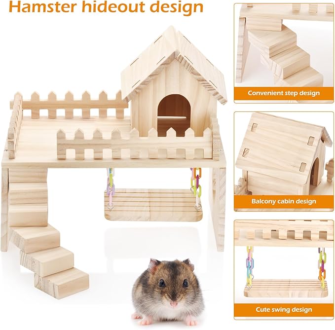Wooden Hamster Hiding Place, Hamster Cabin with Ladder, Swing Platform Decoration, Detachable Small Animal cage Accessories, Suitable for mice, Sand Rats and Other Small Pets