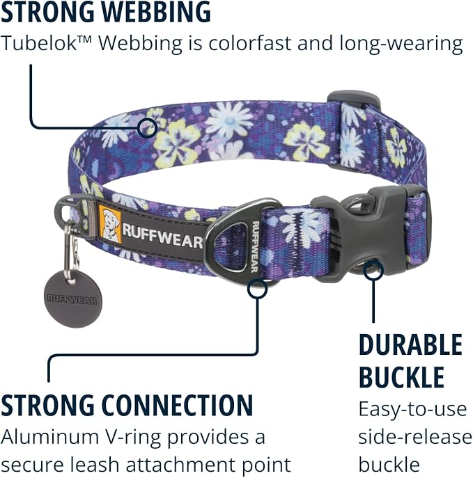 Ruffwear, Front Range Dog Collar, Adjustable Tubelok Webbing, Lightweight, Side Release Buckle, Aluminum V-Ring, Durable for Everyday Use, Wildflower, 14"-20"