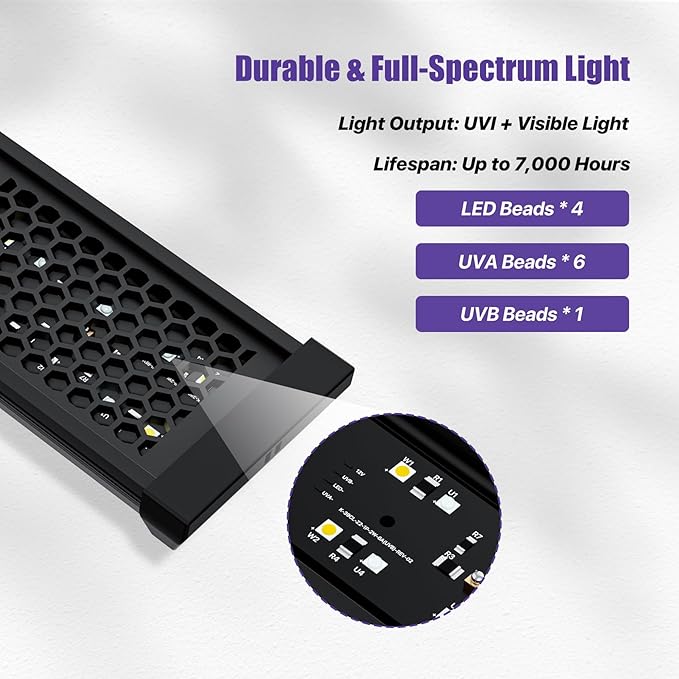 5" Aluminum UVB 10.0 LED Reptile Light Bar with Timer & Dimmer, Ultra-Slim Metal UVB/UVA Lamp for Terrariums – Even Light Output, Long Lifespan, Ideal for Bearded Dragons, Turtles & Lizards