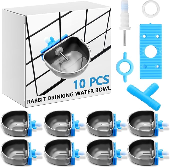 Potchen 10 Pcs Rabbit Water Bowls Nipple Drinker 2.56 x 2.36 x 1.18 Inch 304 Stainless Steel Rabbit Breeding Drinking Waterer Removable Hanging Bunny Water Bowl for for Cages Small Animals