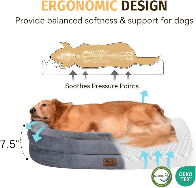 Orthopedic Dog Bed for Large Dogs, Waterproof Dog Bed for Large Size Dogs with Bolsters, Egg Crate Foam Sofa Bed with Washable Removable Cover & Non-Slip Bottom, Dark Grey