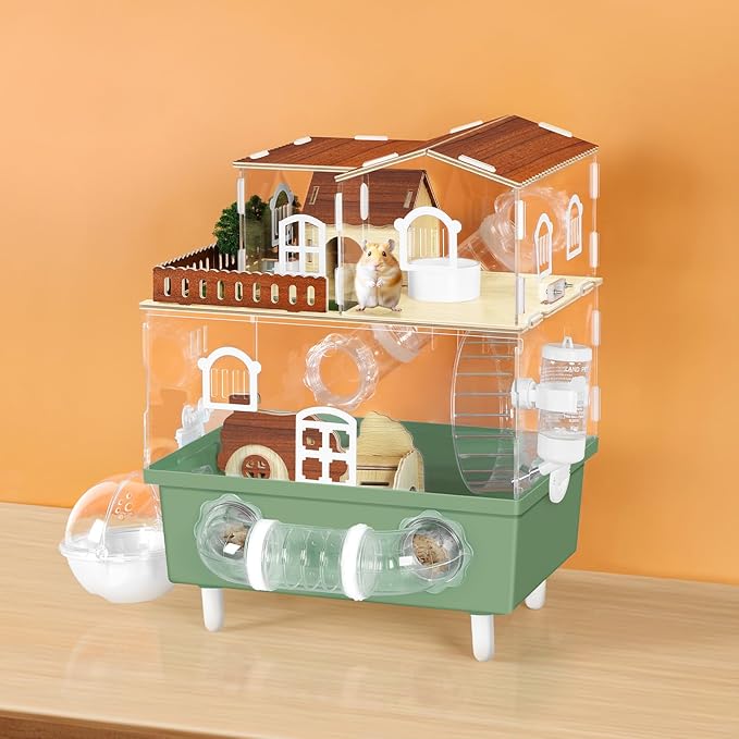 Acrylic Hamster Cage Large Hamster Habitat Dwarf Hamster Enclosure, 13.3''* 9.8''* 17.4'' Clear Pet Mice House for Syrian Small Hamsters, Green