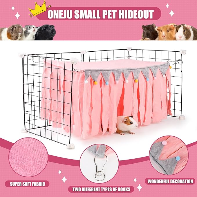 Guinea Pig Hideout - Guinea Pig Corner Hideout, Four-Sided Fringes, Rectangular Top and Washable Hides, Suitable Hides for Guinea Pigs and Rabbit, No Metal Fences, Pink
