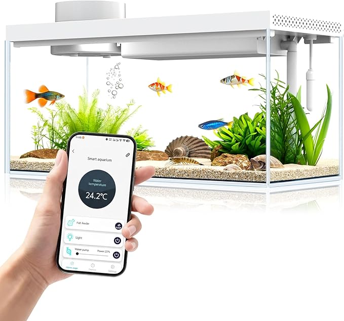 Smart Desktop Aquarium Kit with App Control - 1.3 Gal Glass Fish Tank with Automatic Feeder, RGB Lighting, & Temperature Monitor - Self-Cleaning Filtration System for Betta, Guppy