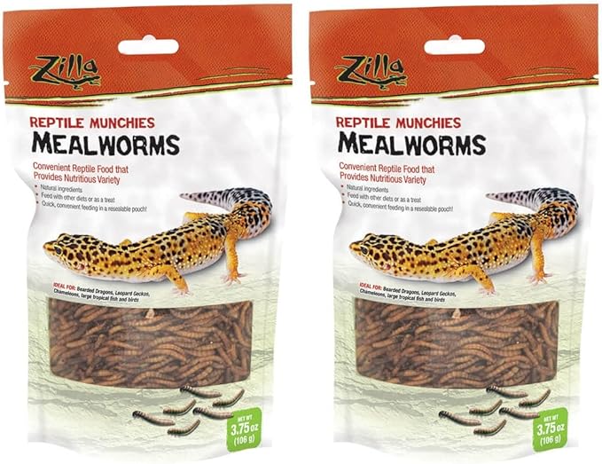 Zilla 2 Pack of Reptile Munchies Mealworms, 3.75 Ounes each, for Bearded Dragons, Leopard Geckos, Chameleons, Large Tropical Fish, and Birds
