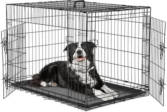 DUMOS Dog Crate, 36 Inch Medium Double Door Dog Cage with Plastic Leak-Proof Pan Tray, Folding Metal Wire Pet Kennel for Indoor, Outdoor, Travel, Black
