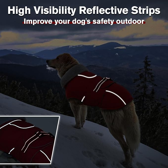 Lelepet Warm Dog Coat - Reflective Waterproof Fleece Vest with Adjustable Buckle Hook & Loop, Windproof Winter Jacket Dog Coats for Small Medium Large Dogs, Red, XXL