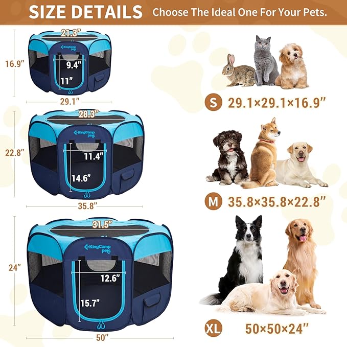 KingCamp Dog Playpen, Portable Foldable Cat Kitten Puppy Tent Crates 29"/36"/50" Pop Up Pet Playpen with Zippered Bottom & Cover for Indoor Outdoor Use (Small, Blue)