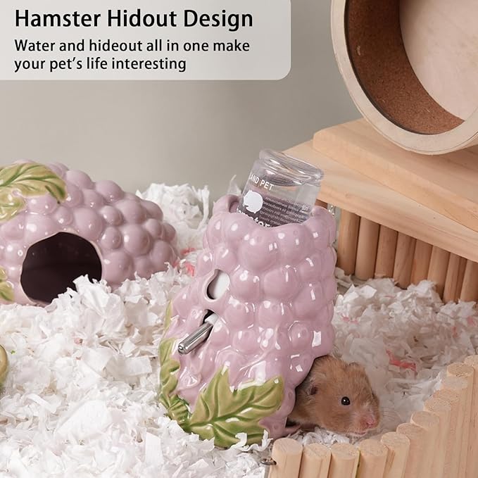 Hamster Water Bottle, Grape Ceramic Hamster Water Dispenser for Glass Tank,125ML Water Bottle Holder with 2 No Drip Caps for Syrian Mice,Gerbil