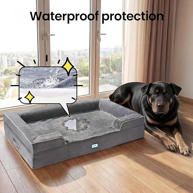 OhGeni Orthopedic Dog Bed Couch Big Cat Sofa for Extra Large Sized Pets with Memory Foam, Machine-Washable Waterproof Removable Cover, Soft Comfortable Fabric, 45-inch (Gray)