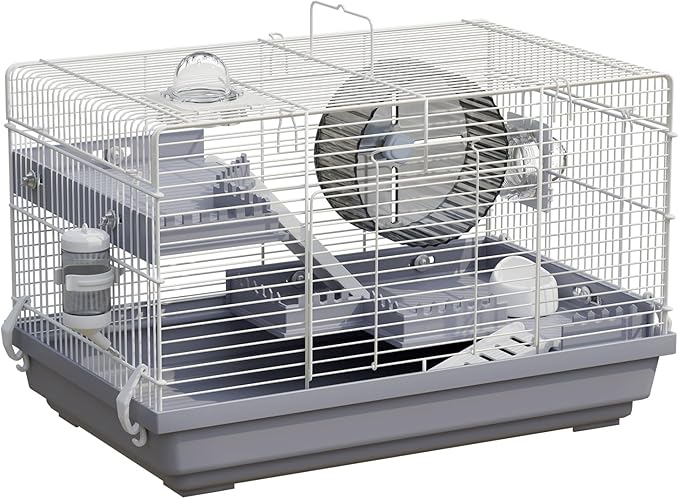 Small Hamster Cage Starter Kit 19”Lx12”Wx12”H for Dwarf Hamster & Robo Hamster with Multilevel Platforms, 2 Tube Ports, Exercise Wheel, Ladders, Water Bottle, Food Bowl, Gray