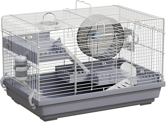 Small Hamster Cage Starter Kit 19”Lx12”Wx12”H for Dwarf Hamster & Robo Hamster with Multilevel Platforms, 2 Tube Ports, Exercise Wheel, Ladders, Water Bottle, Food Bowl, Gray