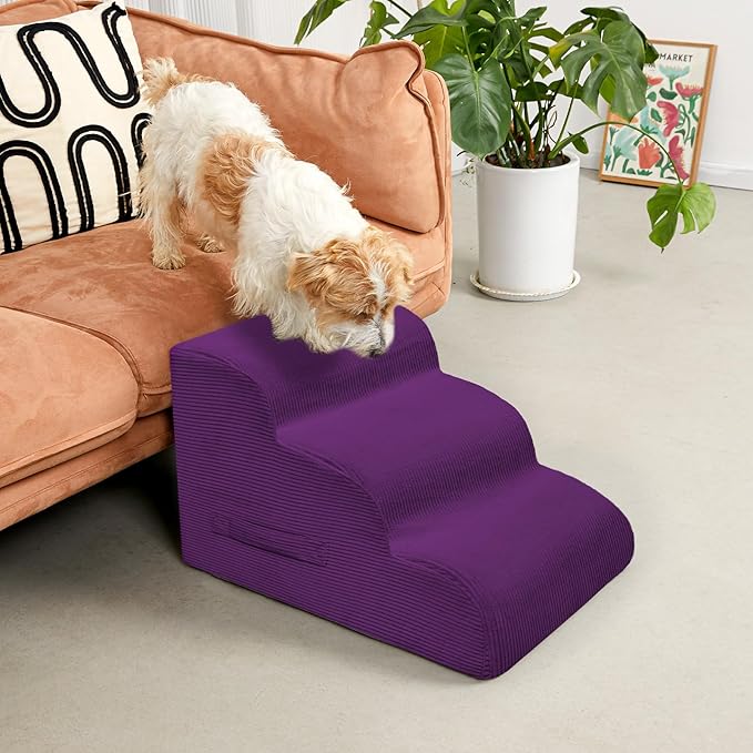 Mesa Lemon Dog Steps for Small Dogs, 3-Step Dog Ramp and Stairs for High Beds and Sofa, Non-Slip Pet Stairs Removable and Easy to Clean Cover, Purple