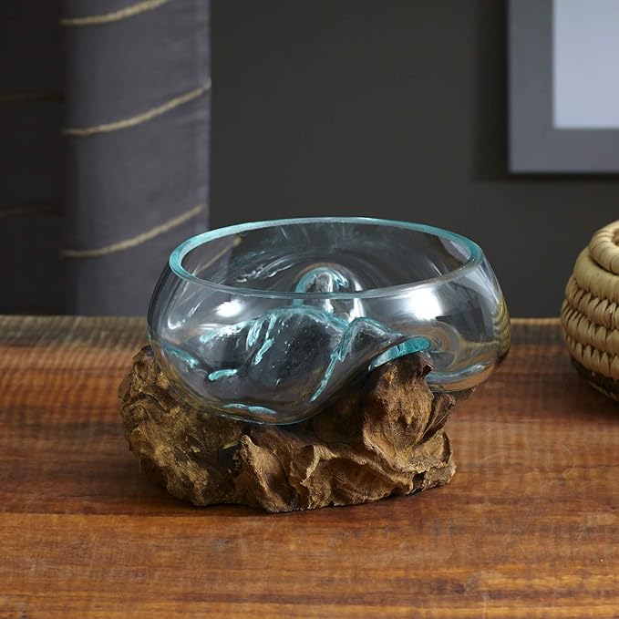 Cohasset Gifts 658-15 Wide Mouth Molten, Approximately 6", Natural Wood and Recycled Glass