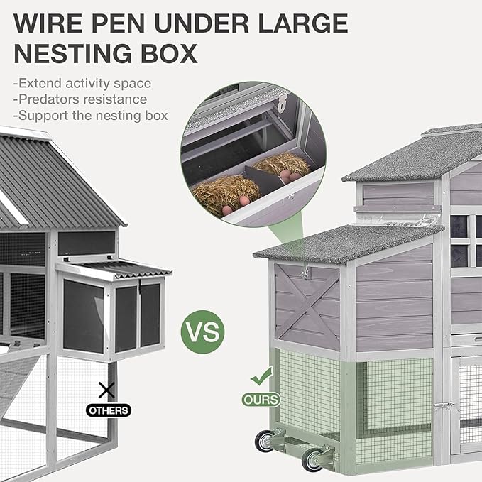 Mobile Chicken Coop with Wheels, Wooden Chicken House with Run, Large Hen Cage with UV Proof Roof and Leak-Proof Tray, Outdoor Chicken Coops with Nesting Box for 2-4 Chickens (Grey)